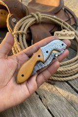 Honeywood Hawkbill Folder Knife 8" Handmade Wood Handle Damascus Blade