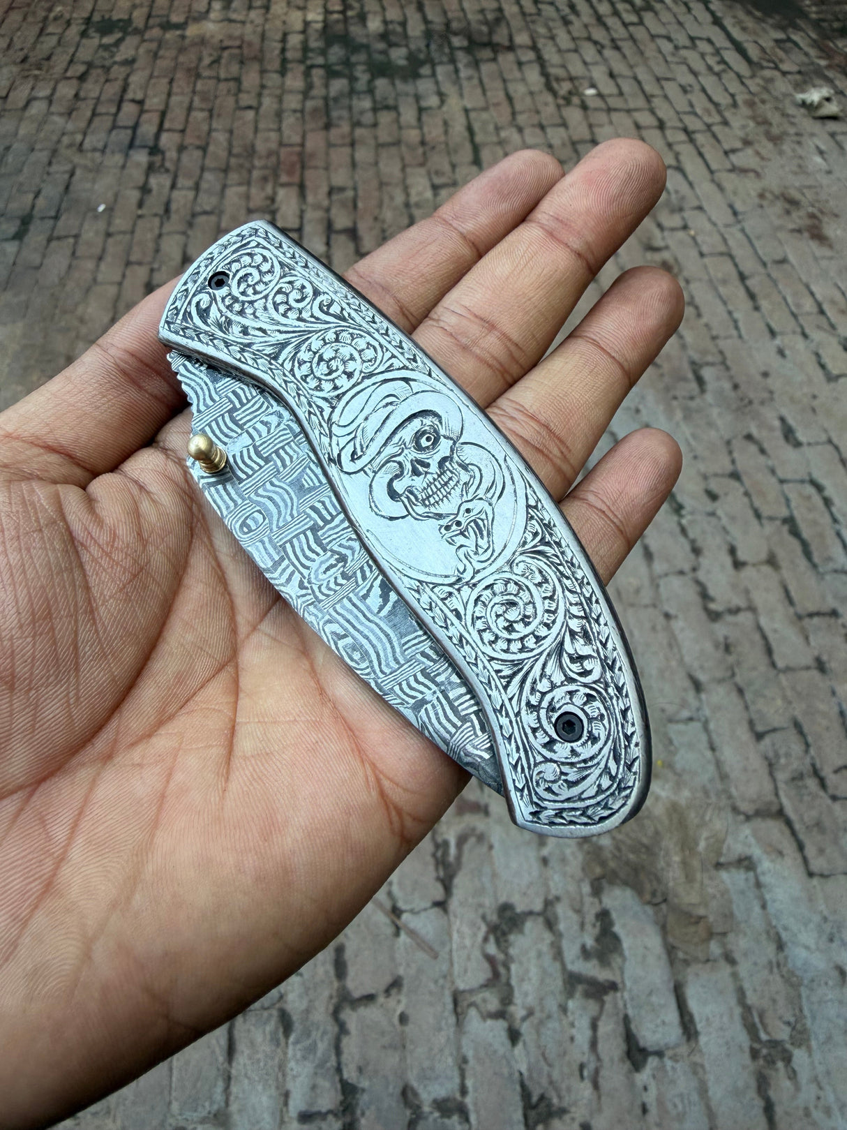 Obsidian Mosaic Folder Knife 8" Handmade Damascus Liner Lock