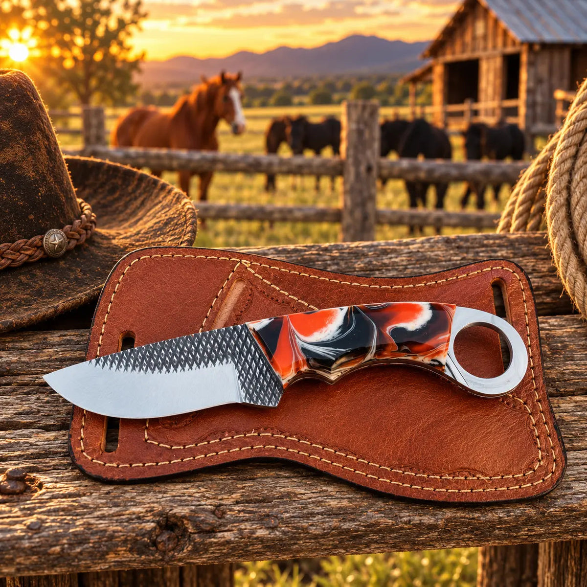 Ironhide Rasp Steel Skinner Knife – Resin Handle & Leather Sheath