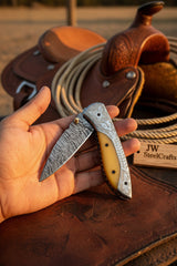 Boneridge Damascus Folder 7" Premium Bone Handle with Damascus Bolster
