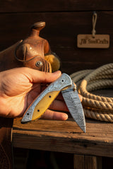 Boneridge Damascus Folder 7" Premium Bone Handle with Damascus Bolster