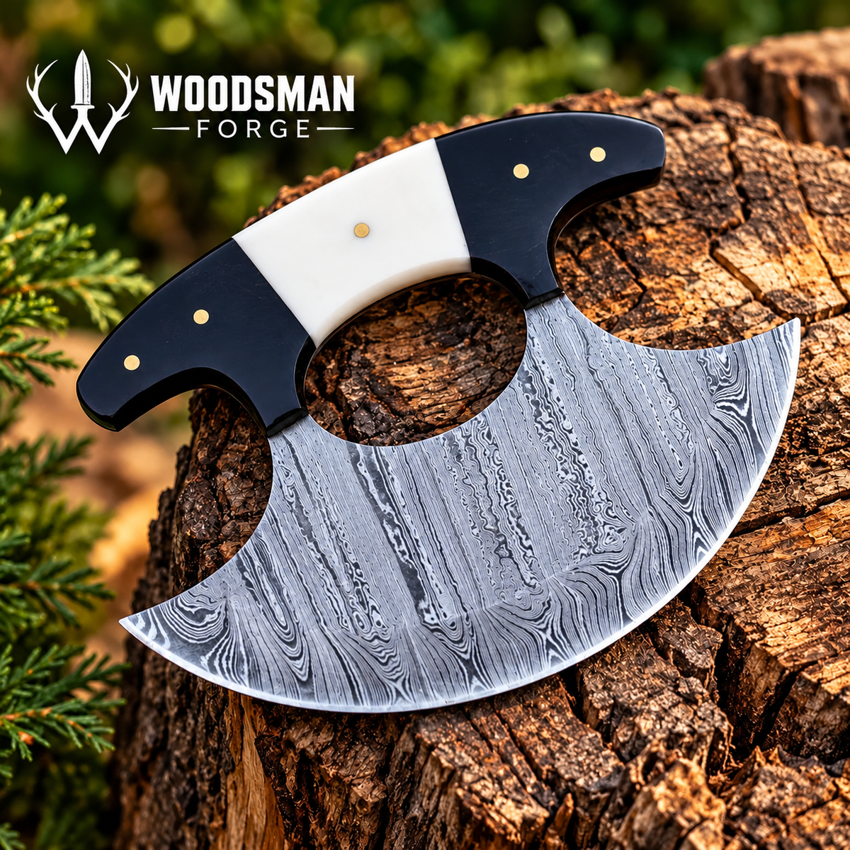 Bonehorn Northcrest™ Damascus Ulu Knife with Camel Bone & Buffalo Horn Handle
