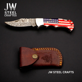 American Flag Damascus Folding Hunter with Ram Horn Handle