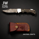 American Flag Damascus Folding Hunter with Ram Horn Handle