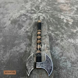 Hand Engraved Double Headed Viking Axe with Nordic Knotwork and Leather Wrapped Handle