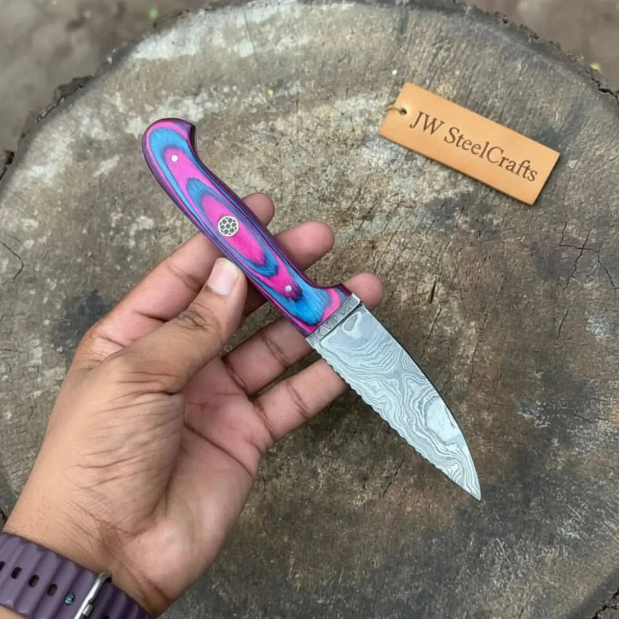 Twilight Resin Bushcraft Knife 8" Pink & Blue Pakka Wood Handle | JW SteelCrafts