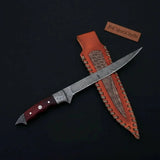 Handmade 13 Inch Overall Damascus Steel Fillet Knife –  Full Tang Fishing Knife with Hardwood Handle and Leather Sheath.