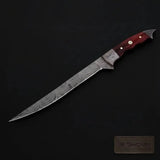 Handmade 13 Inch Overall Damascus Steel Fillet Knife –  Full Tang Fishing Knife with Hardwood Handle and Leather Sheath.