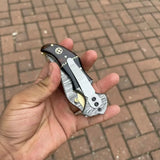 Damascus Recurve Folding Pocket Knife Liner Lock, Black Resin & Wood Handle, Brass Spacer & Pocket Clip