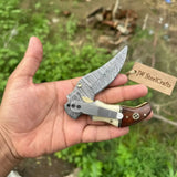 Damascus Neck Folding Knife with Rosewood & Bone Handle