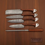 Hand-Forged Damascus Chef Knife Set with Leather Roll & Sharpening Rod - Rosewood Handle Collection