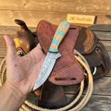 Turquoise Trail Bowie Knife 10" Handmade Damascus Turquoise Inlay - JW Steelcrafts