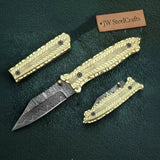 Handmade Damascus Steel Folding Knife with Olive Wood Handle – Brass Liner Pocket Knife