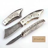 Hand Engraved Damascus Folding Knife with Skull Design & Brass Liners – Collector Pocket Knife