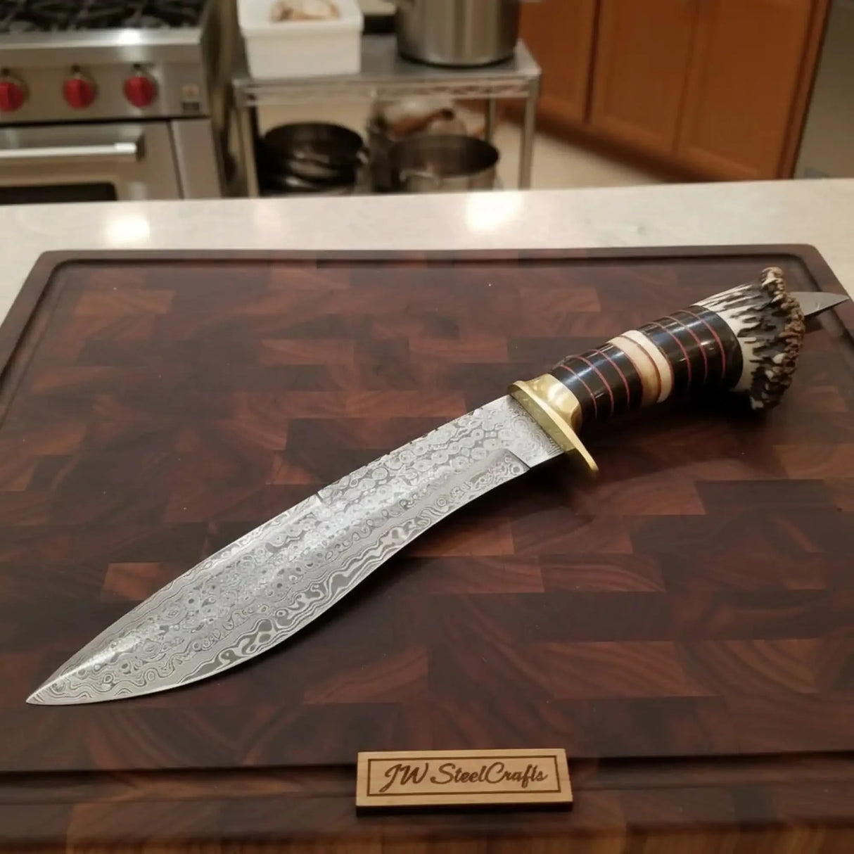 Handmade Damascus Bowie Knife with Stag Horn Handle | Full Tang Fixed Blade