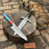 Damascus Kiritsuke & Dagger Knife Set Fixed Blade Resin and Wooden Handle Japanese European Style