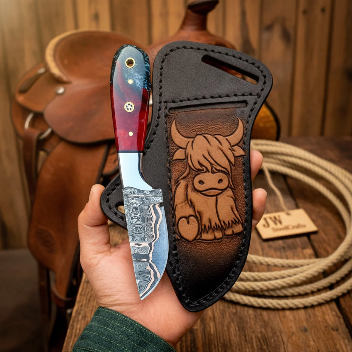 Tundra Cowl Copper Damascus Skinner – Custom Hand-Forged Mini Hunting Knife by Shard Blade