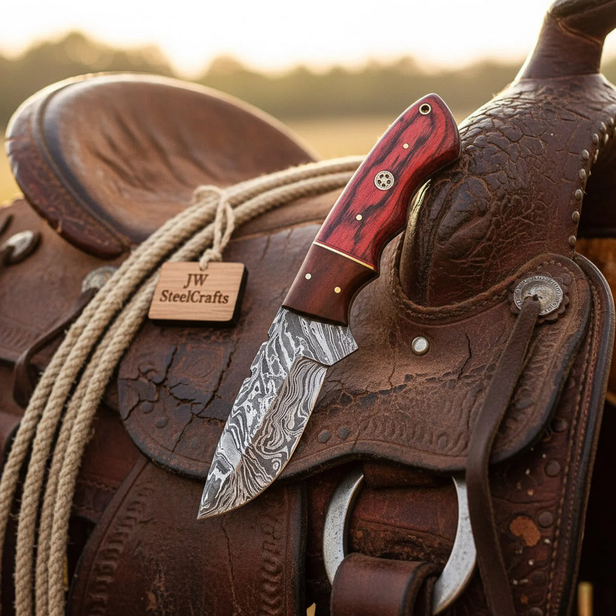Damascus Steel Cowboy Knife 7" Overall Colored Wood Handle Full Tang