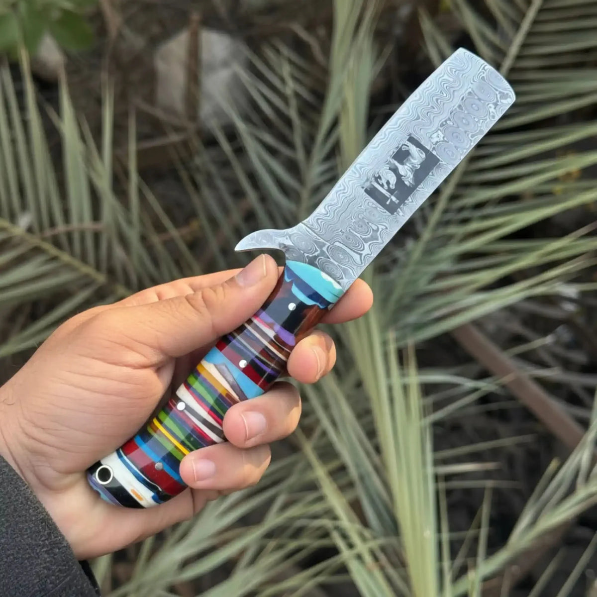 Damascus Bull Cutter Knife Multi-Color Rainbow Resin Handle, Christian Cross Blade Engraving, Steel Bolster & Lanyard Hole