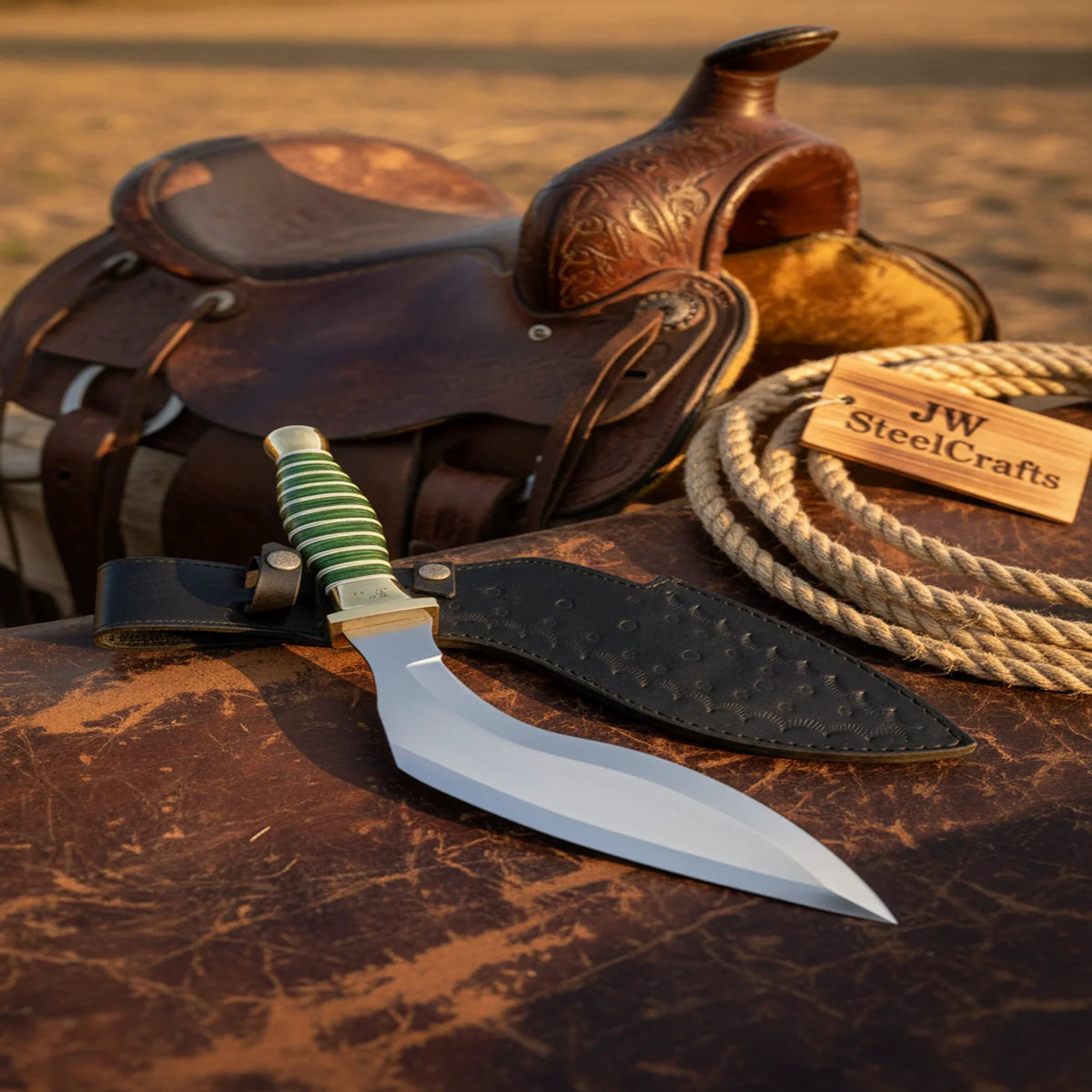 Custom D2 Hunting Kukri Hand-Forged Tool Steel Recurve Blade with Leather Sheath