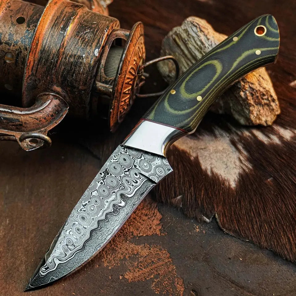 8.3" Handmade Damascus Hunting Knife – Full Tang Micarta Handle