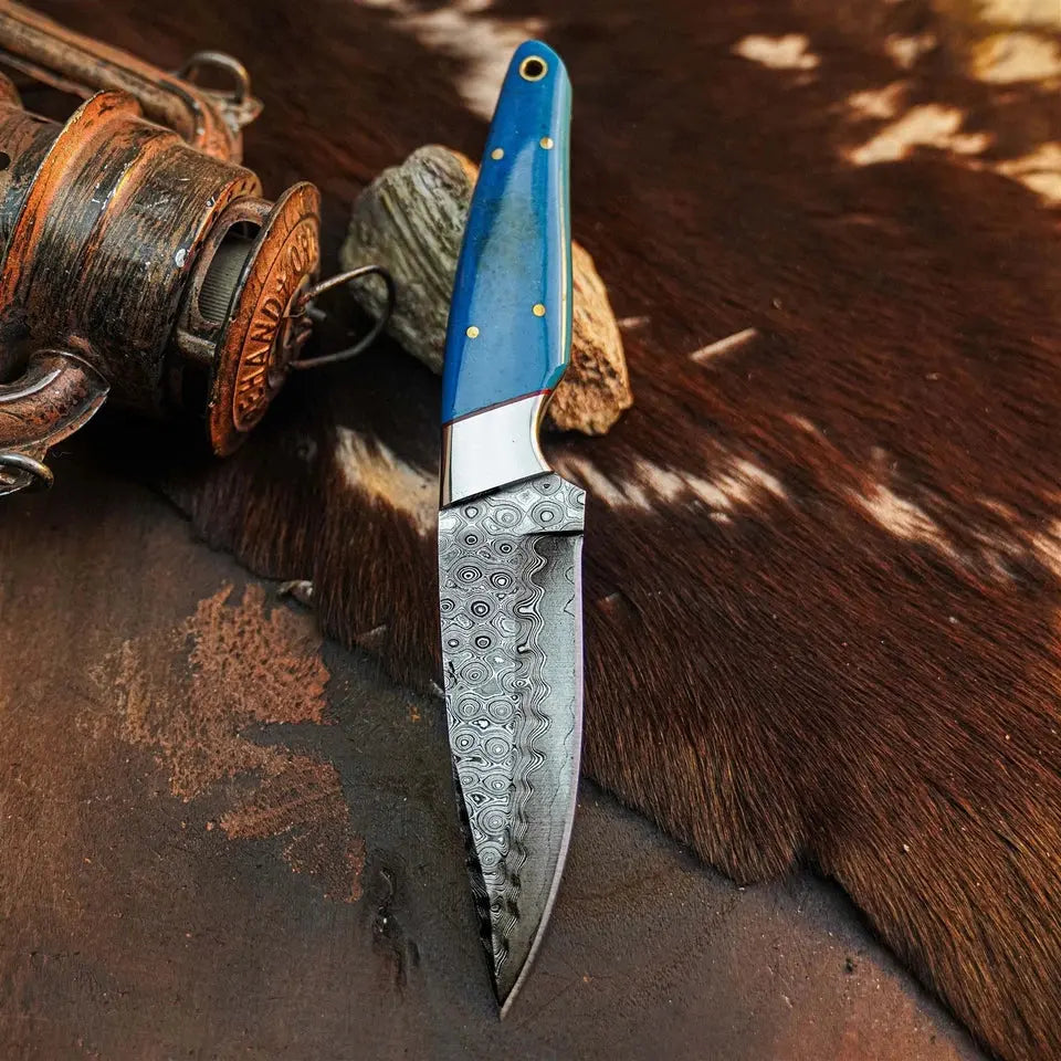 Bluecrest Trail™ Damascus Hunting Knife – Blue Resin Full Tang