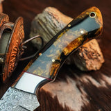 8.3" Handmade Damascus Hunting Knife – Full Tang Resin Handle