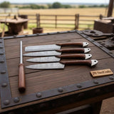 4-Piece Handmade Damascus Kitchen Knife Set – Rosewood Handles, Steel Bolsters & Brass Pins | Chef, Santoku, Cleaver & Utility | Leather Roll & Honing Rod Included