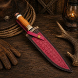 Brass Ridge Damascus Bowie Knife – Ash Wood Handle & Red Sheath