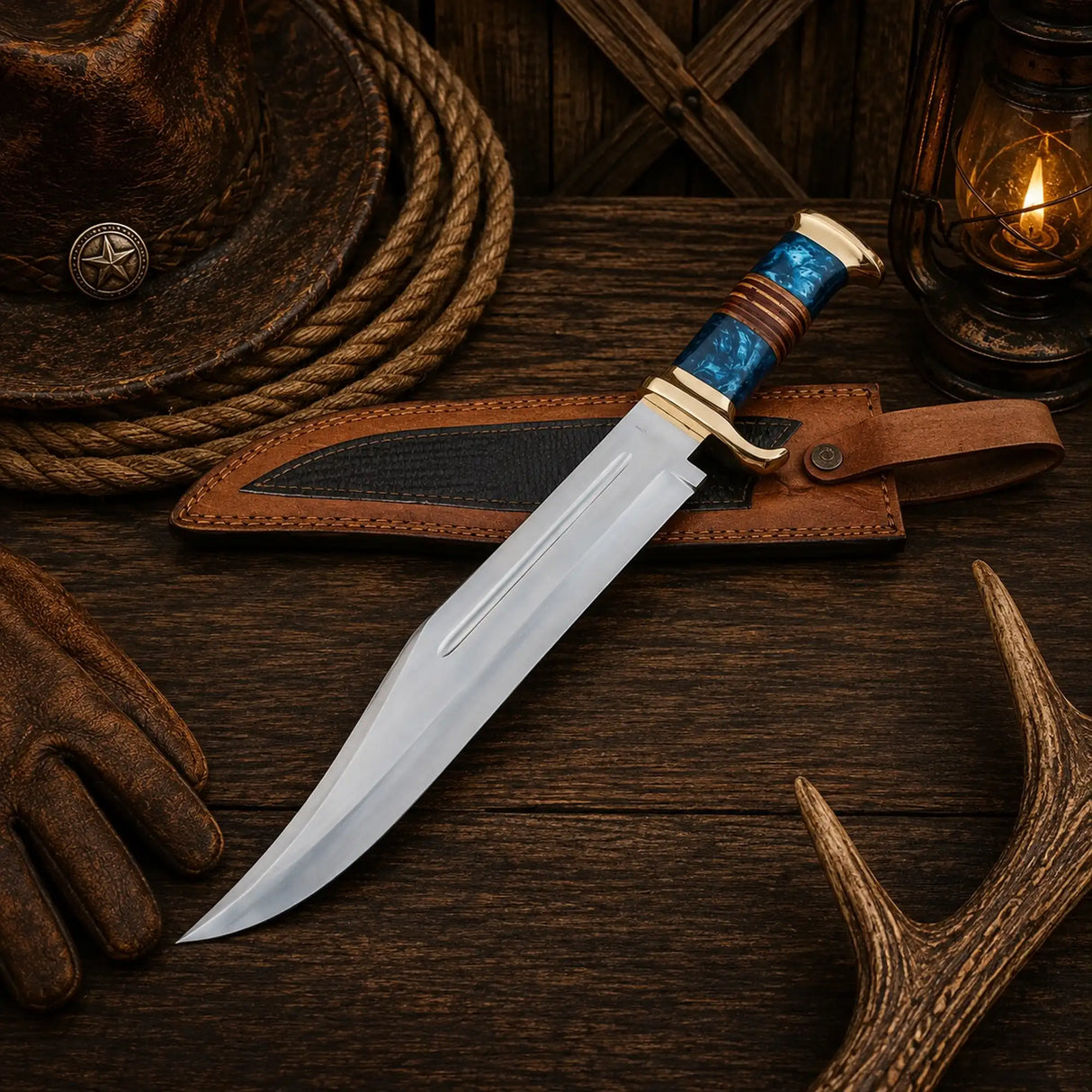 Australian Outback Bowie Knife – D2 Steel With Resin & Stacked Leather Handle