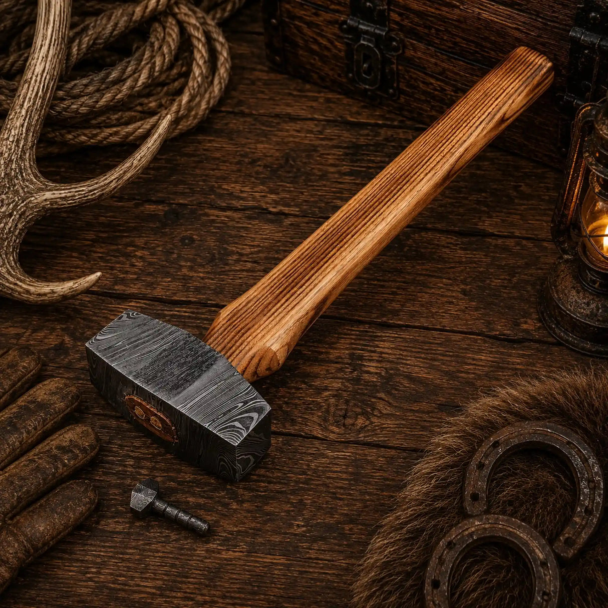 Ironcrest Damascus Rounding Hammer – Hand-Forged Ash Wood Handle