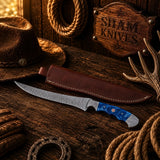 Blue Mesa Damascus Steel Fillet Knife – Resin Handle & Leather Sheath