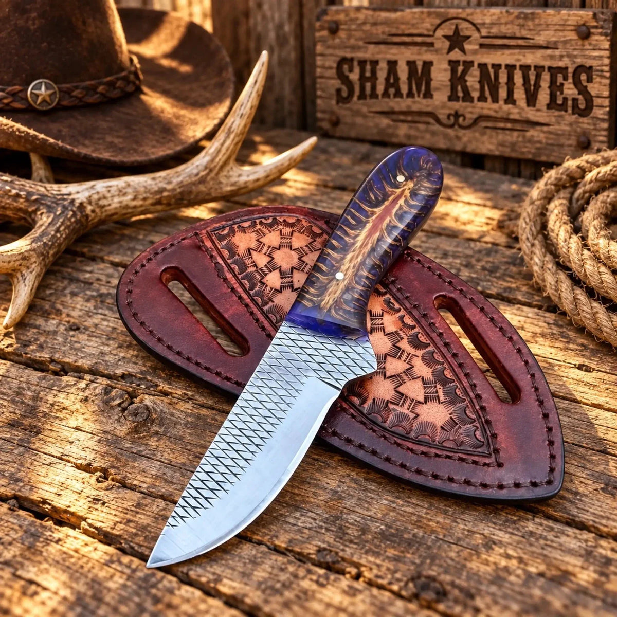 Blue Pine Cone Cowboy Skinning Knife – Rasp Steel & Pancake Sheath