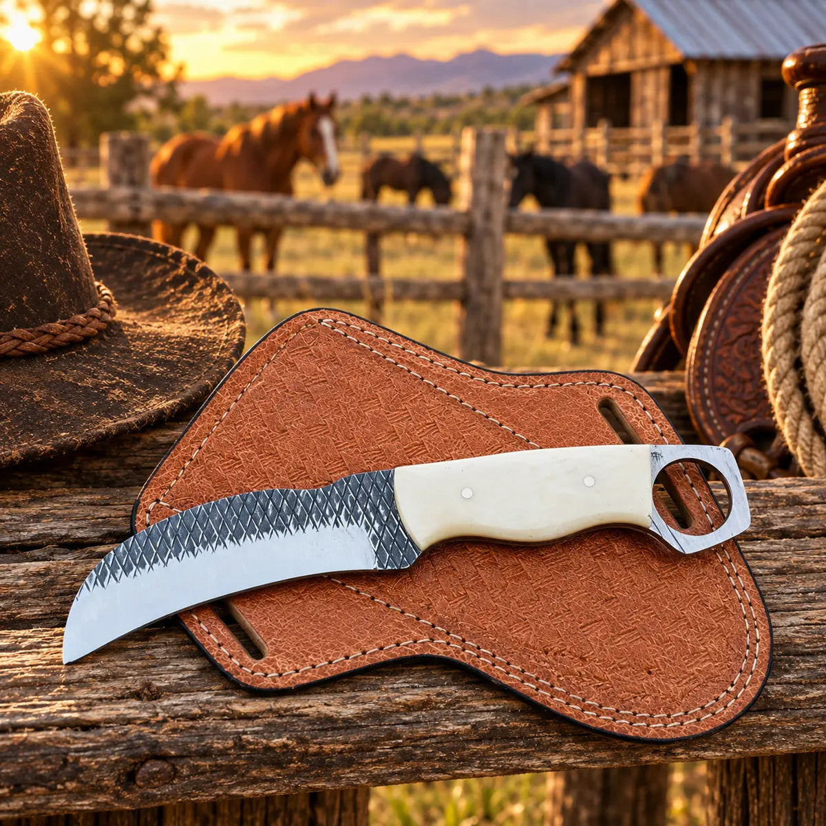 Bonehook Rasp Steel Bone Handle Hawkbill Knife – 7" with Leather Sheath