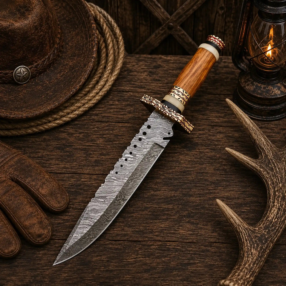 Brass Ridge Damascus Bowie Knife – Ash Wood Handle & Red Sheath