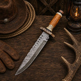 Brass Ridge Damascus Bowie Knife – Ash Wood Handle & Red Sheath