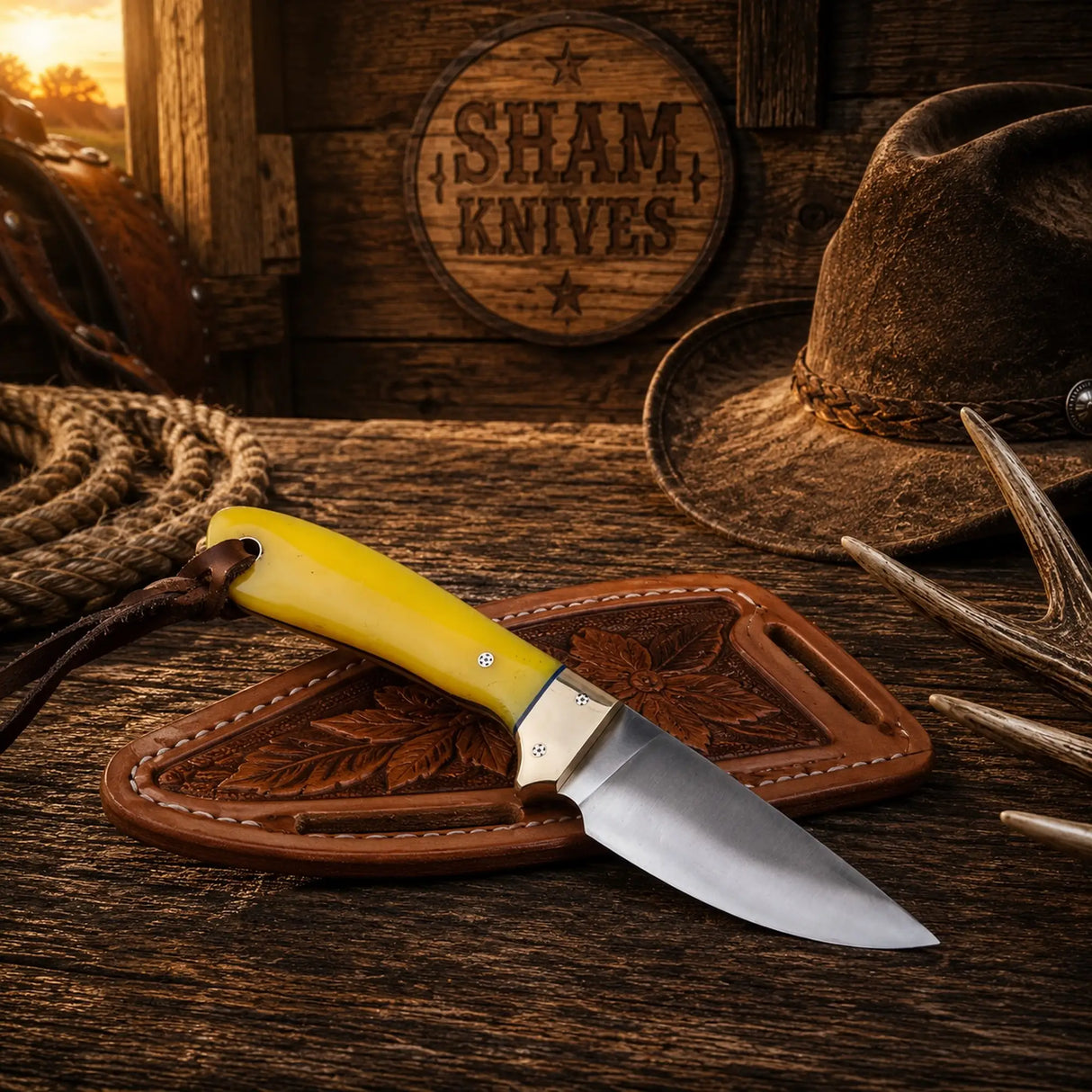 Buckaroo Sheath Knife With Coloured Bone Handle – D2 Acid wash