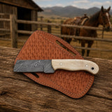 Bullcrest Cowboy Bull Cutter – Damascus Steel, Bone Handle & Leather Sheath