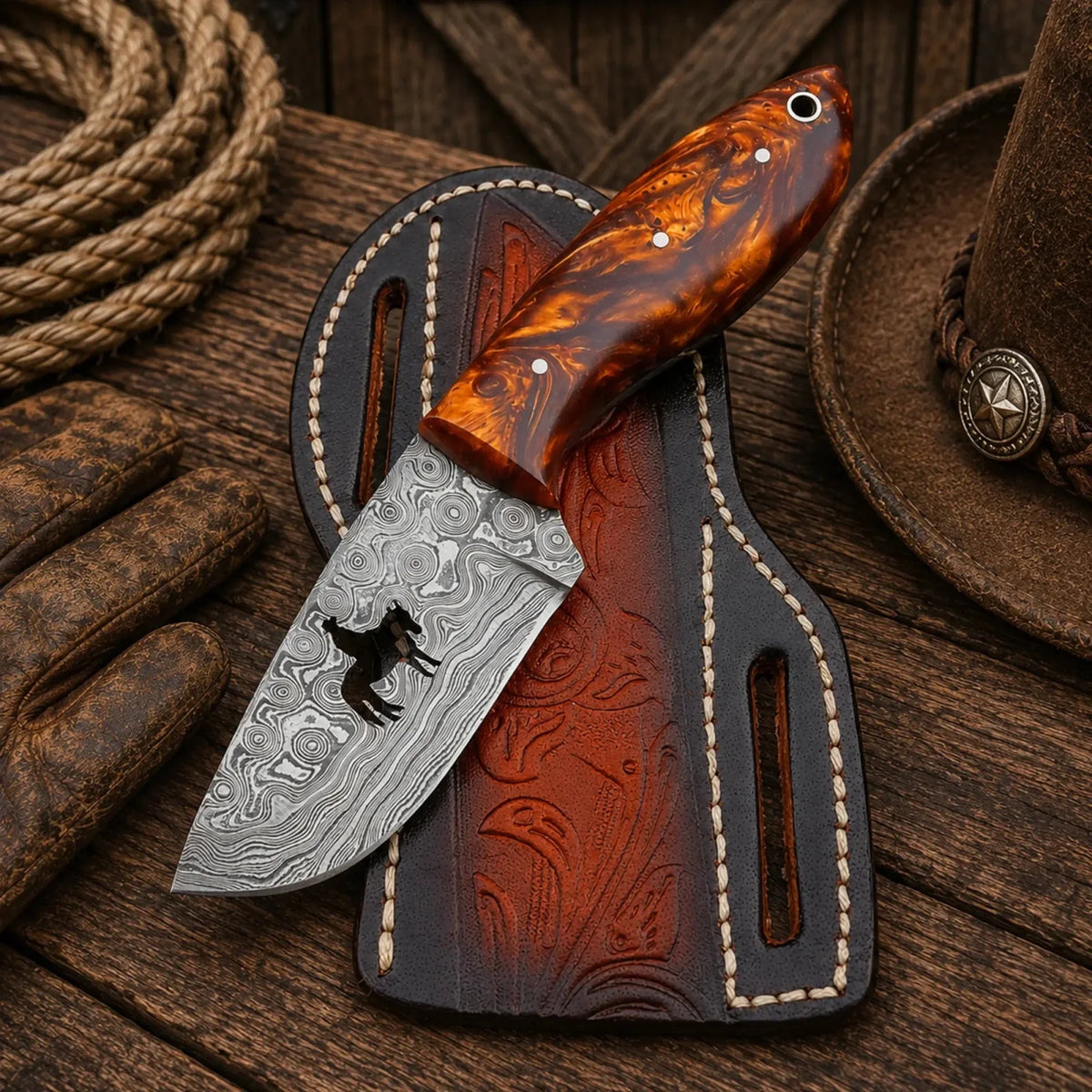 Carter Ranch Field Knife with Sheath – Handmade Damascus Blade Resin Handle