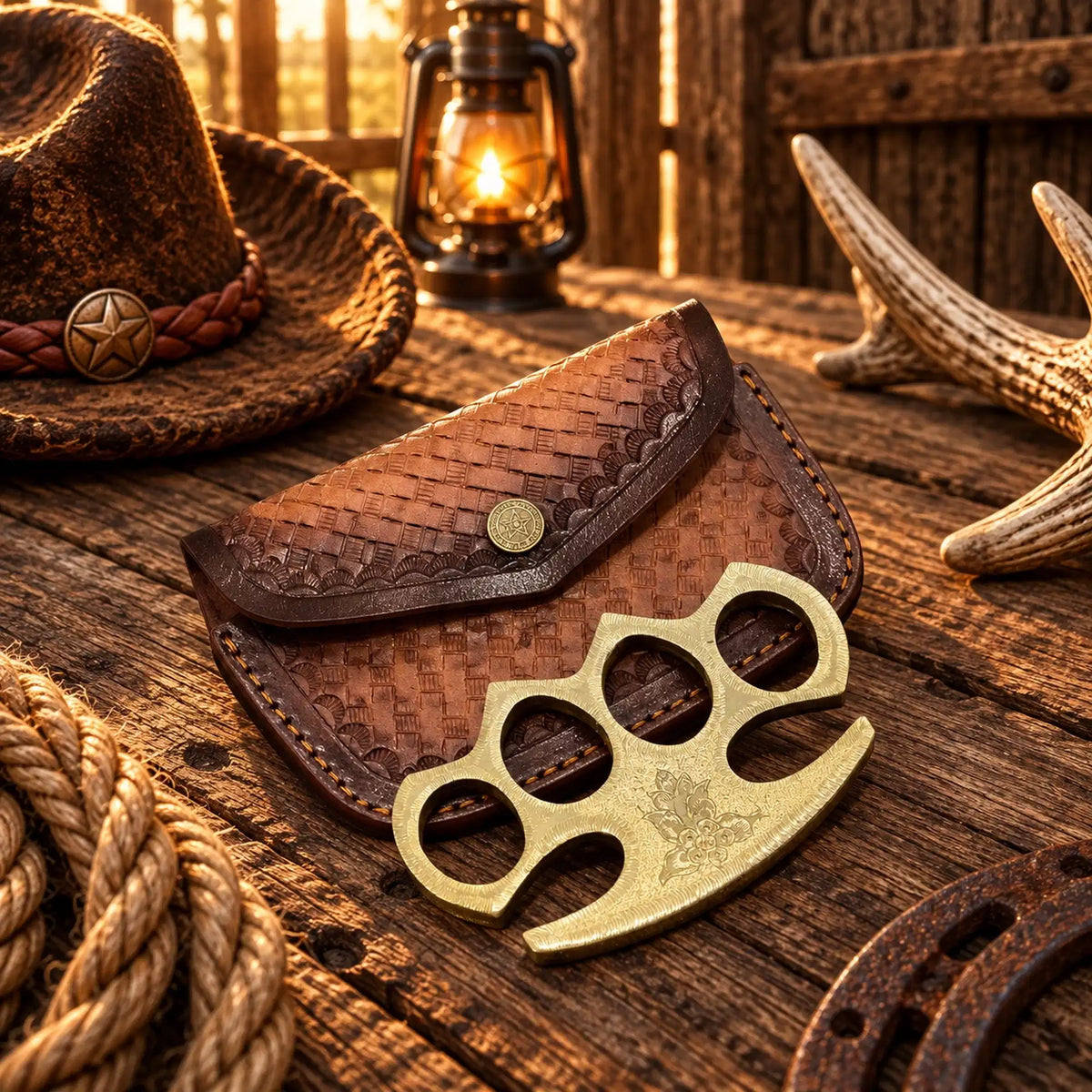 The Celtic Warrior Engraved Brass Knuckles – Vintage-Style Gift with Leather Sheath
