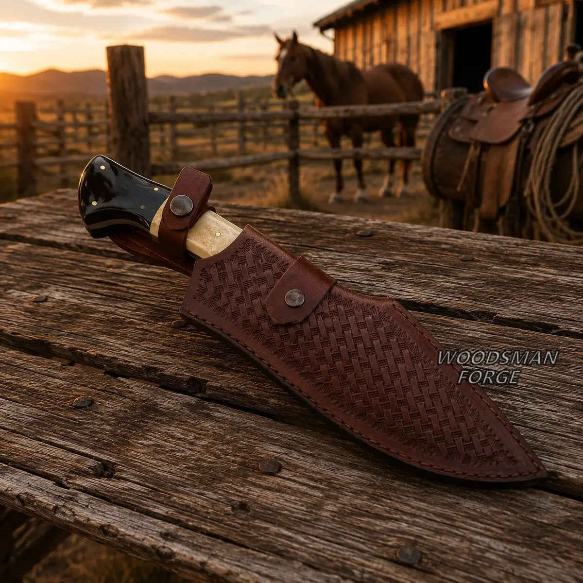 Cinderhorn D2 Bowie Knife – 12" D2 Steel, Camel Bone & Bull Horn