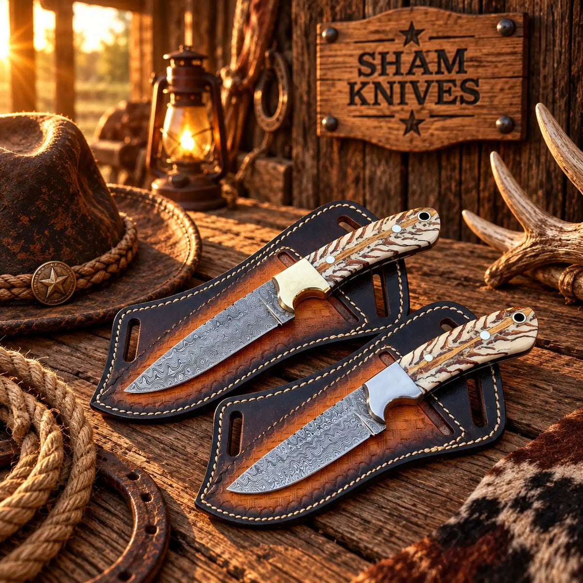 Cowboy Duo Damascus Field Dressing Knives – Pine Cone Handles
