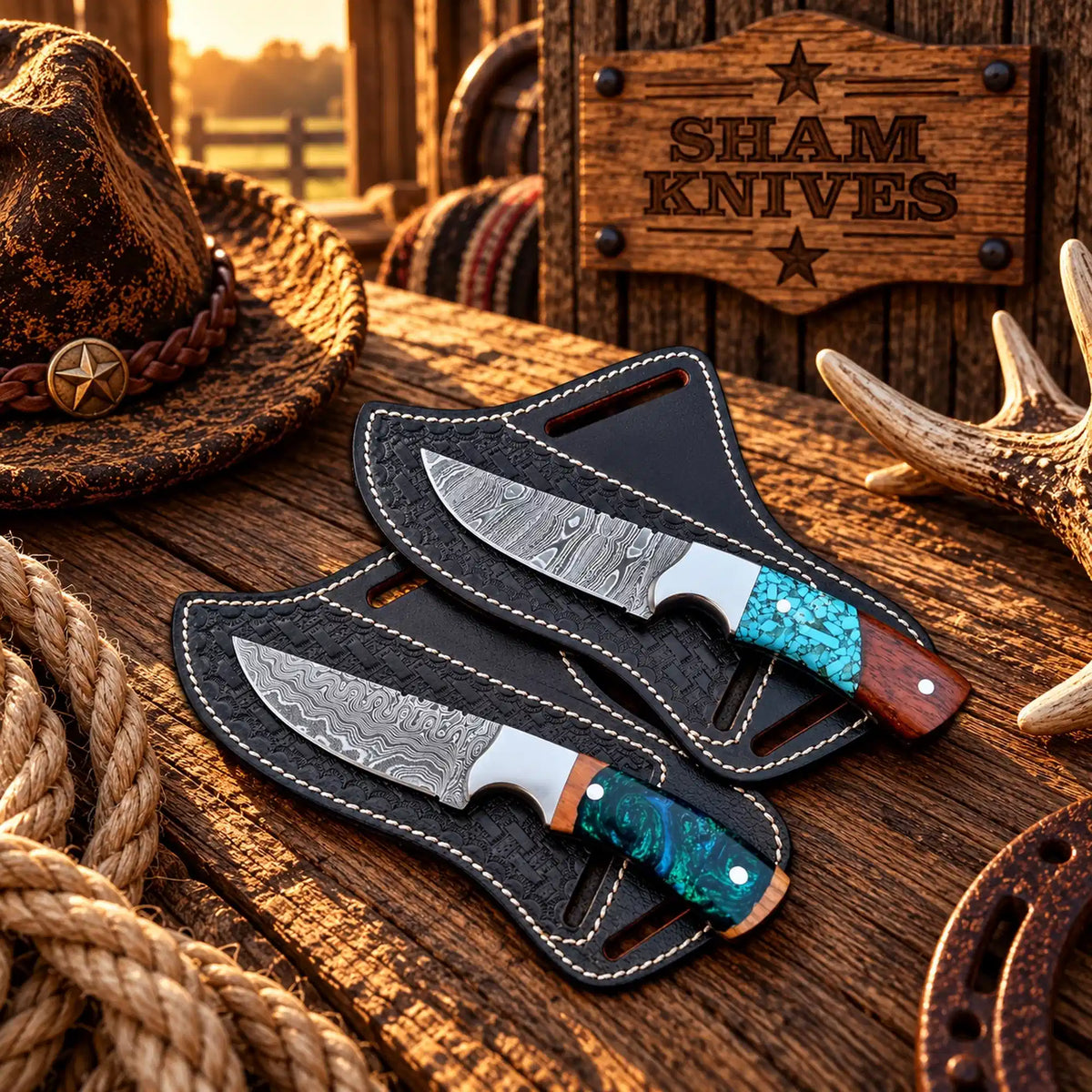 Cowboy Hunting Knife Duo – 4” Damascus Steel & Blue Resin Handle