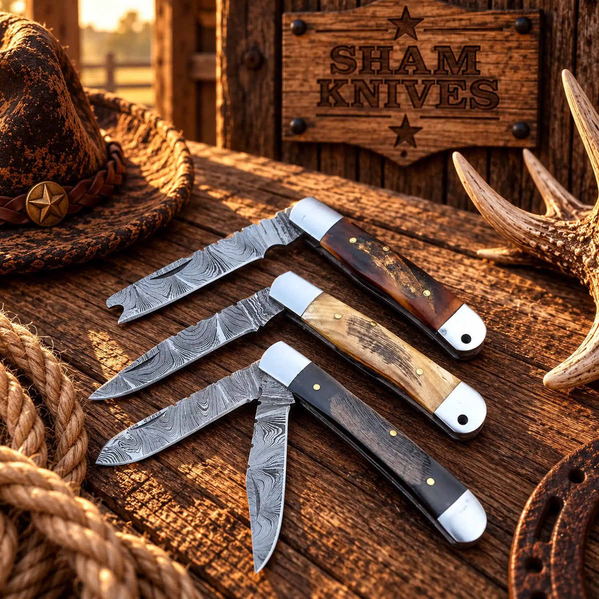 Cowboy Utility Damascus Trapper Folding Knife Set – Sheep Horn Handles