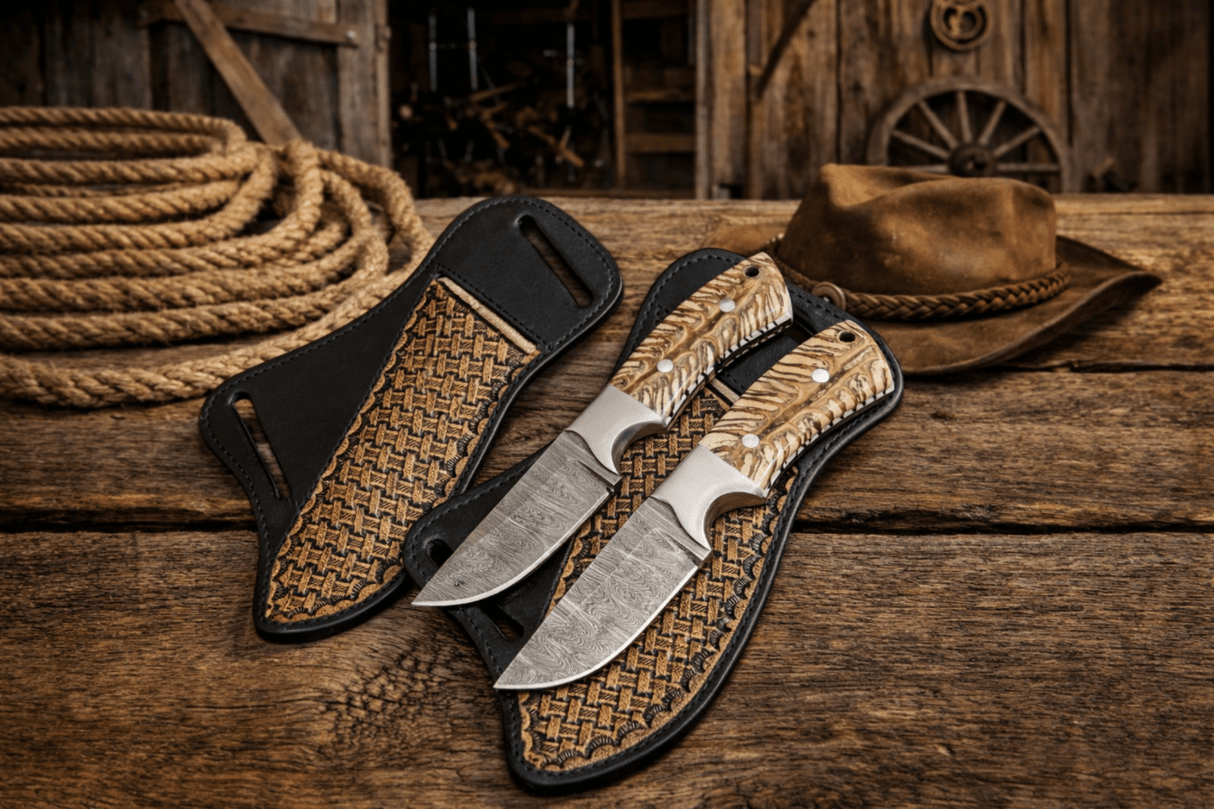 Cross Draw Sheath Knife – 3.75" Damascus Steel Pinecone Handle