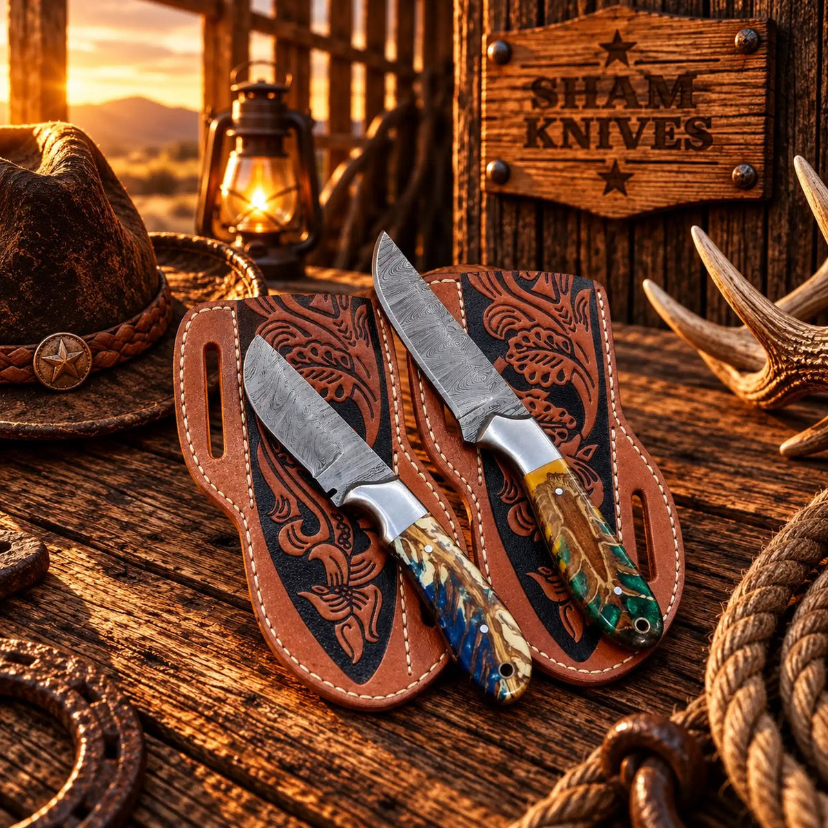 Custom Damascus Cowboy Skinning Knife Set – Pinecone Handles & Sheaths
