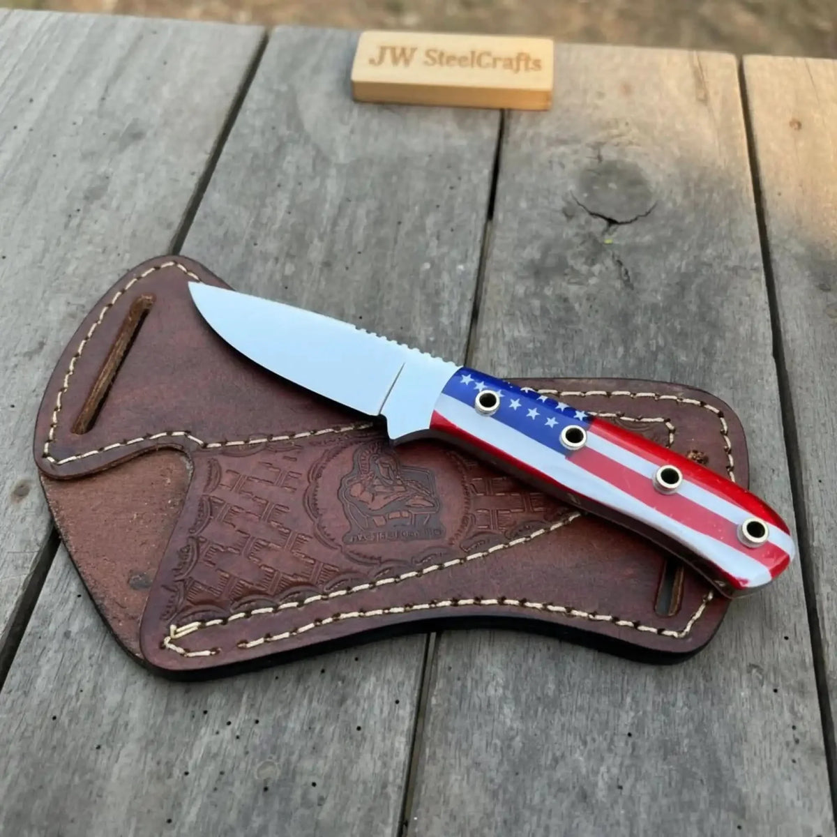 Custom Fixed Blade Knife Drop Point Outdoor EDC with USA Flag Handle and Leather Sheath