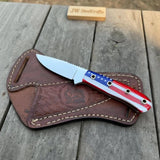 Custom Fixed Blade Knife Drop Point Outdoor EDC with USA Flag Handle and Leather Sheath