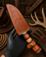 Oakleaf Legend Damascus Bowie Knife – Bone, Wood Handle & Leather Sheath