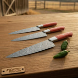 3 Piece Handmade Damascus chef Knife Set Red Pakka Wood Handles